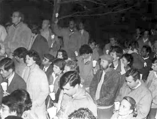 A prayer at one of the stations of the Restorational Prayer Walk held at UTS on November 8, 1987.